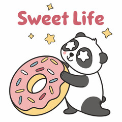 Adorable panda bear holding sweet donut sweet life