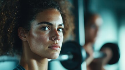 A determined young woman focuses intensely while lifting weights at the gym, showcasing her dedication to fitness and embodying strength and empowerment in her workout routine.