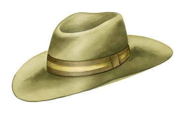 Watercolor illustration of a fishing hat on transparent background.