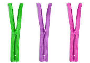 Set of zippers on white background