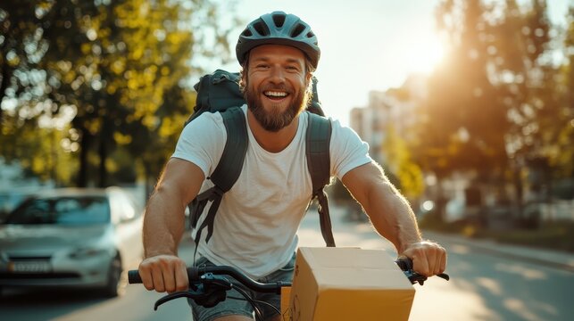 A cheerful cyclist with a backpack rides confidently on a sunny street, showcasing the vibrant energy of urban life and the convenience of bicycle deliveries.