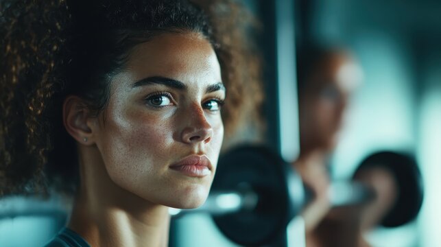 A determined young woman focuses intensely while lifting weights at the gym, showcasing her dedication to fitness and embodying strength and empowerment in her workout routine.