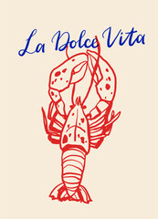 La dolce vita vintage posters. Italian Summer Line Art Vector Set with Pasta, Mozzarella, Coffee, Seafood and Herbs. Vector illustration ink doodle sketch style.