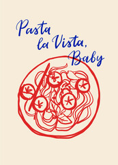 La dolce vita vintage posters. Italian Summer Line Art Vector Set with Pasta, Mozzarella, Coffee, Seafood and Herbs. Vector illustration ink doodle sketch style.