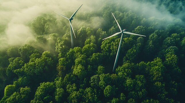 Wind turbines in a lush forest