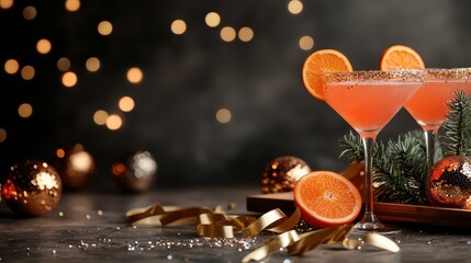 Two elegant cocktails garnished with orange slices radiate celebratory vibes. The image captures the essence of festive gatherings and the joy of sharing moments with loved ones.