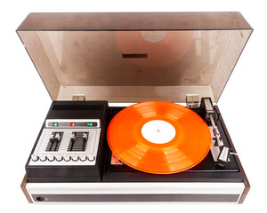 Vintage turntable record player with red vinyl isolated on white background.