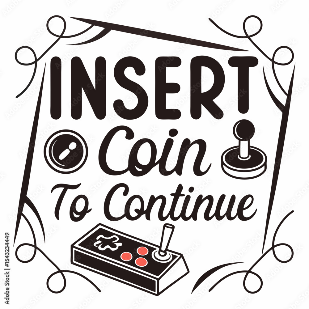 Poster insert coin to continue retro arcade game design