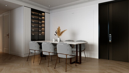 modern home and cozy dining room with luxury chairs and dining table and white pattern wall background. 3d render.