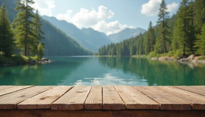 Empty wooden table for product display. Forest, lake mountain background. Calm tranquil scene with green trees reflected in blue water. Perfect for product placement advertising campaigns, promoting.