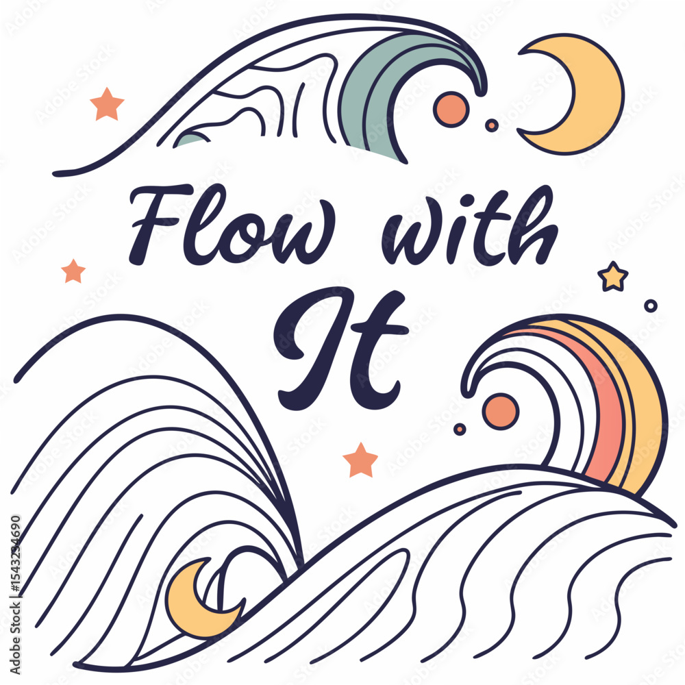 Poster flow with it waves moon stars design element