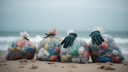 Plastic waste collected in bags on a sandy beach shoreline.