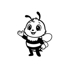 Cute Bee Logo With Waving One Hand, Black and White Cartoon Vector Line Art