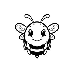 Cute Bee Logo, Chubby Bee Mascot, Front View, Black and White Cartoon Vector Line Art