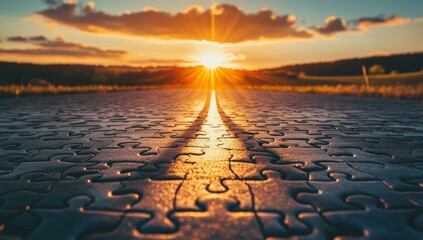 An empty puzzle piece lies on the ground, forming an open road leading towards a bright light at sunset. The sky is clear and blue with a few clouds in view. 