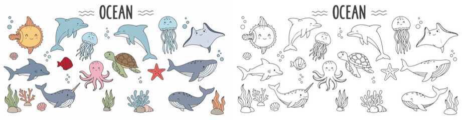 Cute Hand Drawn Ocean Animal Vector Set with Dolphin Whale Turtle Octopus Jellyfish Shark and Coral Elements Isolated on White Background for Kids and Educational Designs

