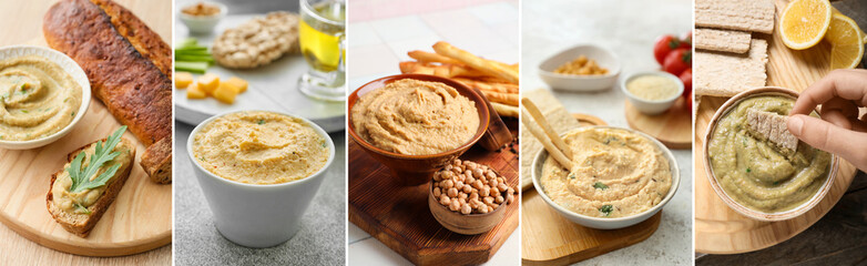 Collage of tasty hummus in bowls on table