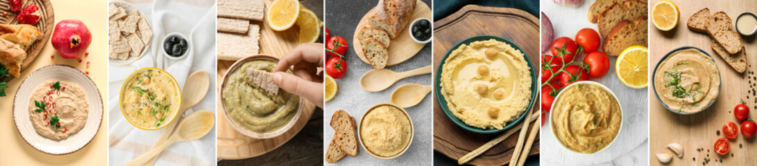 Collage of tasty hummus on table, top view