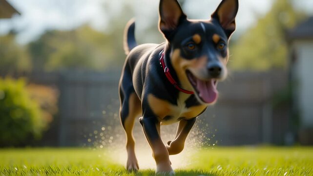 Energetic Australian Kelpie running happily in a backyard on a sunny day, action shot
