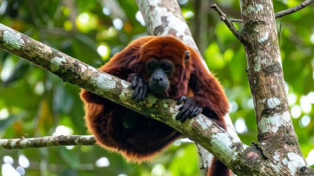 Red Monkey On Tree Branch In Forest
