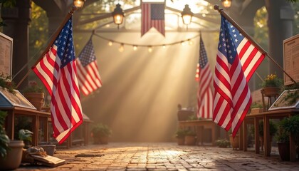 USA flag background with patriotic decorations. American flags. Celebration of Independence Day. Symbols of freedom. USA holiday, 4th of July. Patriotic event for memorial day.