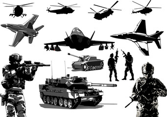Military vector illustrations of aircraft, vehicles, personnel and editable modular infographic elements.