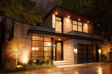 Modern sustainable house exterior design at night illuminating surrounding greenery