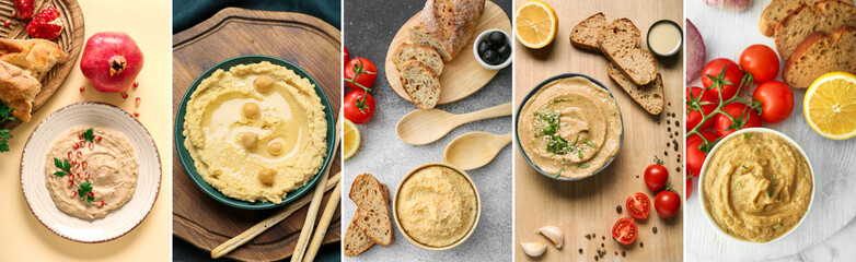 Collage of tasty hummus on table, top view