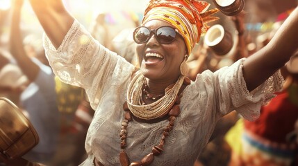 A woman in a white blouse and colorful headscarf dances joyfully with her arms raised, surrounded by a lively crowd.