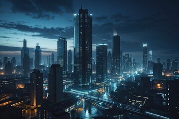 Fototapeta premium Nighttime Dystopian Cityscape Exploring Shadows of Society and Technology Control