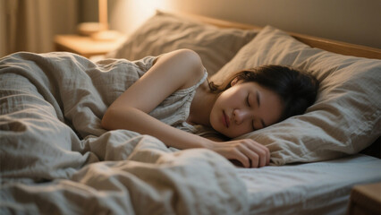 Peaceful night scene of a young woman sleeping in a cozy bedroom.