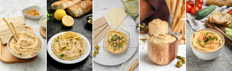 Collage of tasty hummus on table