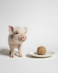 Cute piglet curiously approaching a plate with a food ball on a clean white background