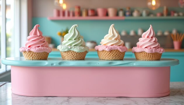 Delightful ice cream display, modern business menu. Pastel design ambiance, cafe, ice cream shop, trendy dessert, sweet treats, gathering, special quality. Perfect for cafe, restaurant menu design,