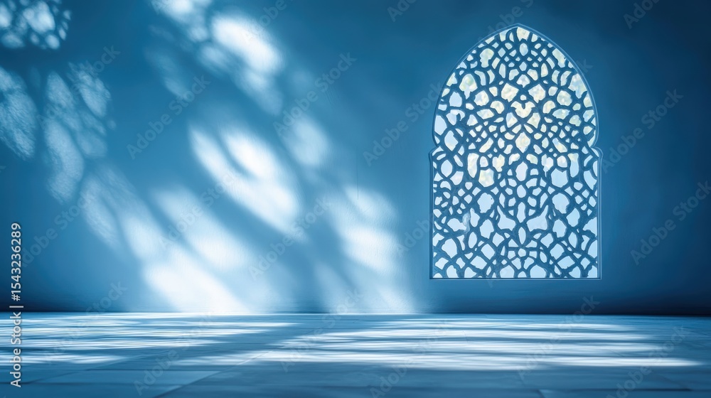 Poster sunlight filters through an intricately patterned arched window, casting detailed shadows on a smoot