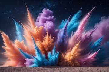 Vivid Shimmering Dust Bursts Creating Colorful Cascades on a Dark Cosmic Background