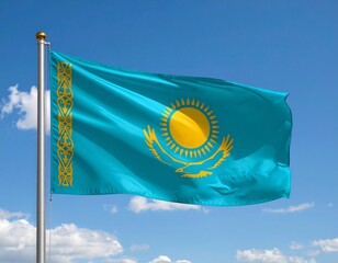 Waving Flag of Kazakhstan Against a Blue Sky
