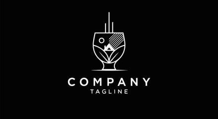 Minimalist Logo with Stylized Cup, Leaves, House, and Radiant Elements on Black Background