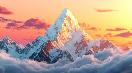 Majestic snow-capped peak at sunset, clouds below