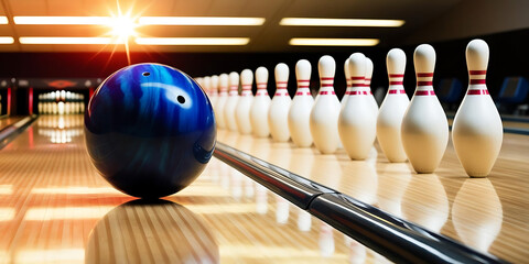 Blue Bowling Ball Approaching White Pins
