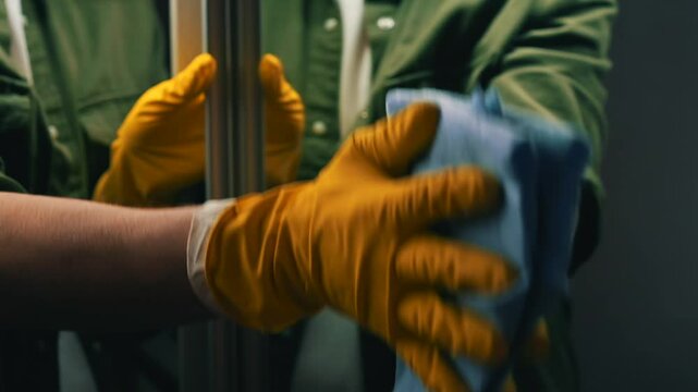 A man in yellow gloves wipes the mirror in the room.
Cleaning the house and wiping surfaces from dust and dirt.
Dirt on the mirror in the bedroom