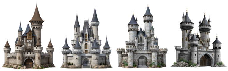 Set of a French château with towers and gates, isolated on a transparent background.