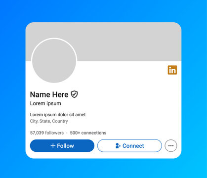 LinkedIn Profile Card Template Mockup with Follow and Connect Buttons for Personal Branding and Social Media UI Design on Blue Gradient Background Vector Illustration