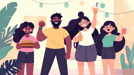 A group of four friends celebrating a birthday party.