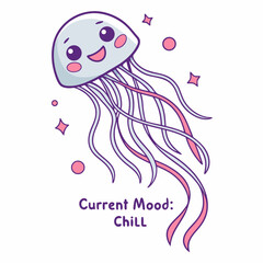 Cute chill jellyfish cartoon illustration transparent background