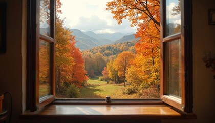 Open window view picturesque autumn landscape. Vibrant foliage, colorful trees, mountain scenery, bright sunlight create inviting mood. Outdoors scenic beauty, warm atmosphere. Autumn season
