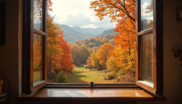 Open window view picturesque autumn landscape. Vibrant foliage, colorful trees, mountain scenery, bright sunlight create inviting mood. Outdoors scenic beauty, warm atmosphere. Autumn season