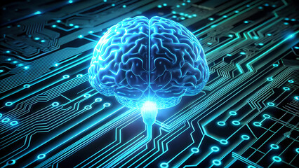Glowing Cyan Blue Human Brain Resting on a Circuit Board Digital Art Image technology
