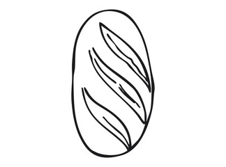 Rustic sourdough bread loaf with diagonal cuts. Black and white outline illustration isolated on white background. Artisan bakery product. Homemade food and cooking concept for design and print