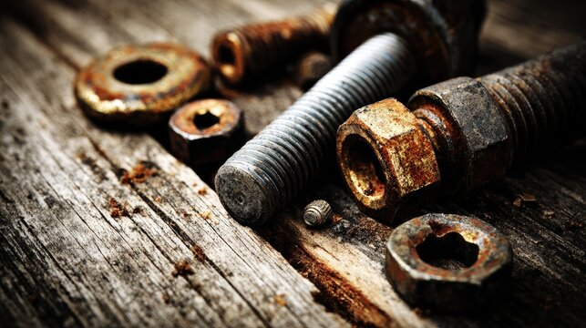 Rusty metal gears and boltsscattered on a woodenworkbench,symbolizingmechanical wear and repair.industrial maintenance,andvintage machinery concepts